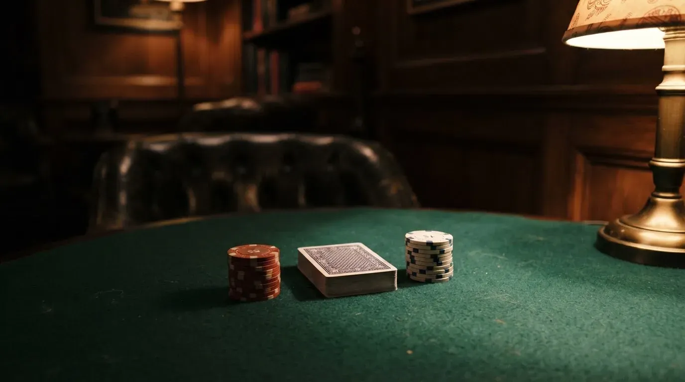 Kortlek och staplar av spelmarker på ett grönt filtbord i en dunkel salong, varmt lampsken — 10 euro casino i sverige