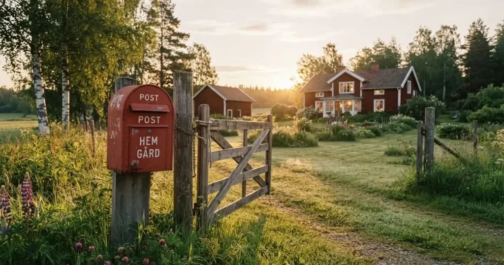 En röd brevlåda vid grinden till en lantgård en sommarkväll, daggigt gräs och långa skuggor — 10 euro casino i sverige