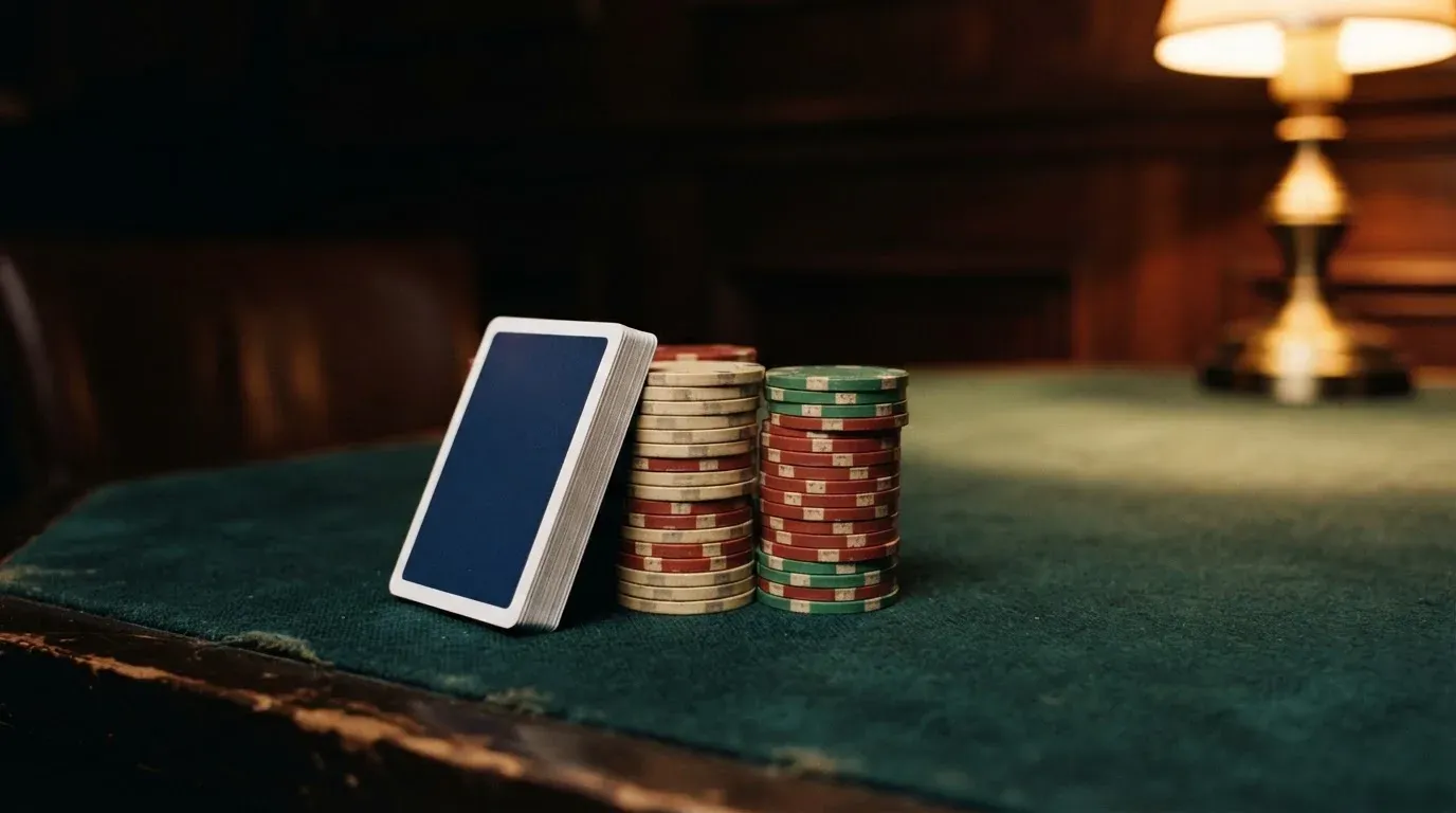 Kortlek och staplar av spelmarker på ett grönt filtbord i en dunkel salong, varmt lampsken — 10 free spins casino i sverige