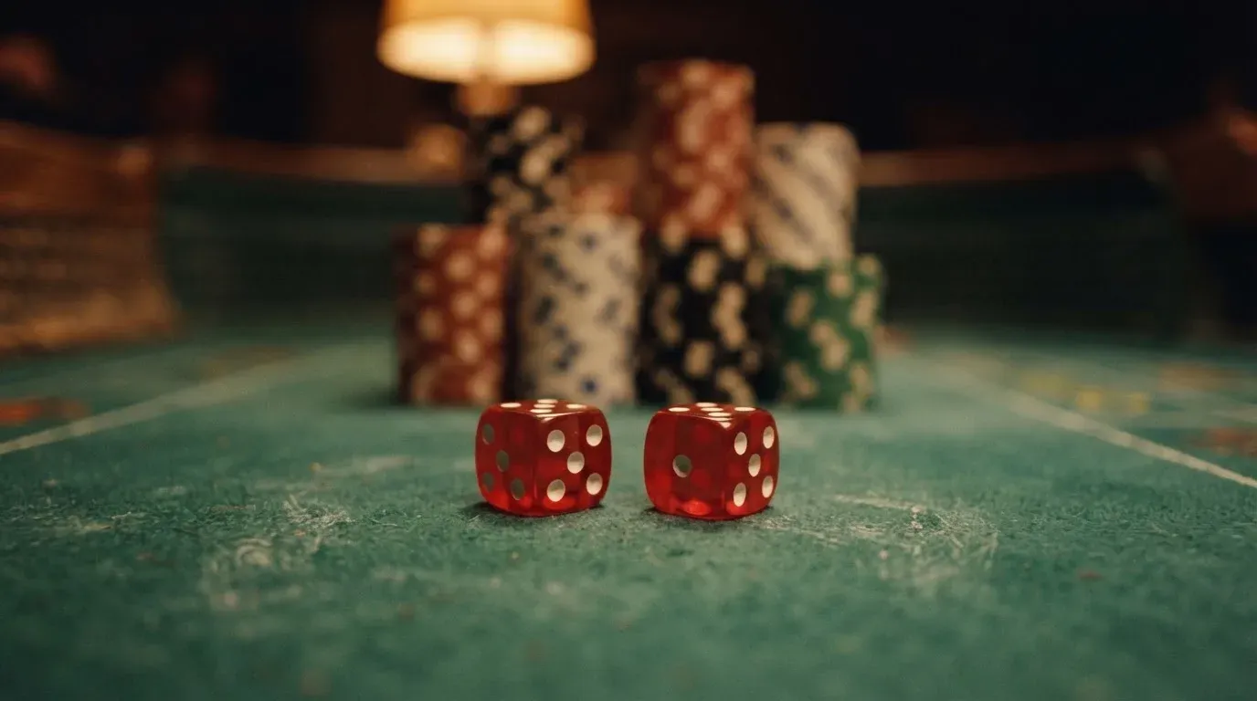 Röda tärningar vilar på grönt filt, bakom dem suddiga torn av spelmarker i kvällsdunklet — 10 kr casino i sverige