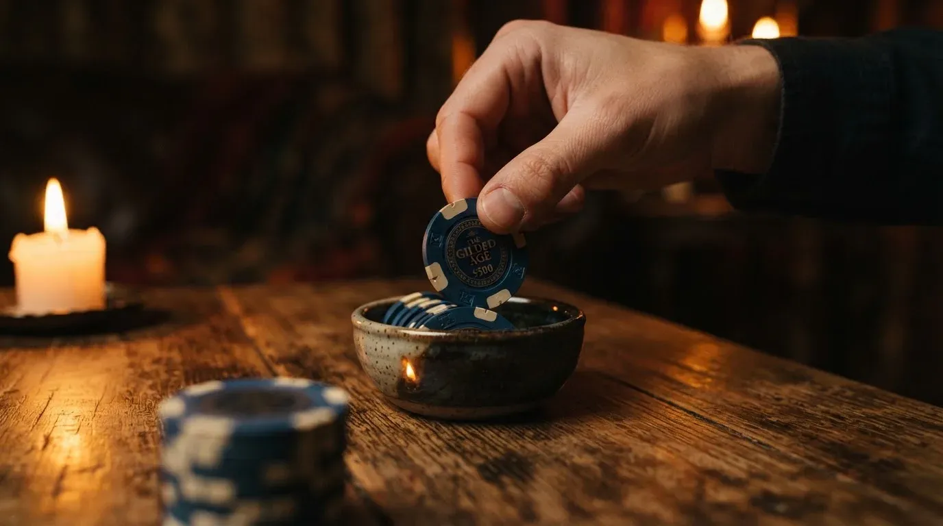 En hand lyfter en spelmark ur en skål, ljuslågan färgar bordet gyllenbrunt — 100 euro casino i sverige
