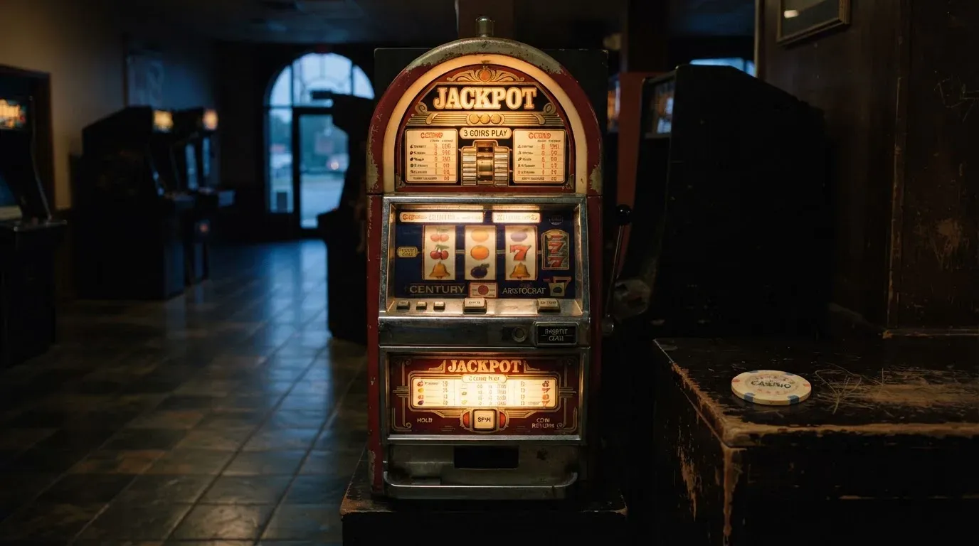 En gammal spelautomat lyser i den dunkla hallen och speglar sig i golvet — 100 free spins casino i sverige