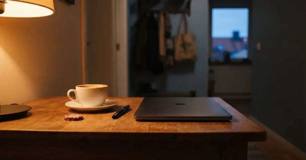 Kaffekopp och penna på ett smalt hallbord i skymning, en stängd bärbar dator vid sidan — 100 kr casino i sverige