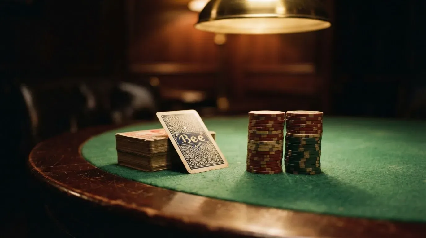 Kortlek och staplar av spelmarker på ett grönt filtbord i en dunkel salong, varmt lampsken — 150 free spins casino i sverige