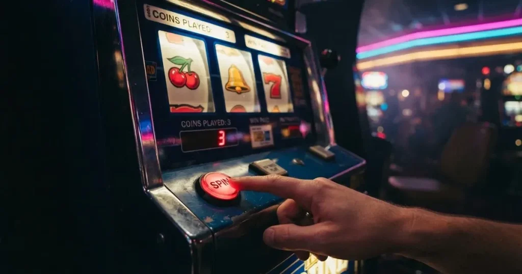Ett finger trycker på spelautomatens klarröda knapp i dunklet, neonljus lyser runt omkring — 150 free spins casino i sverige