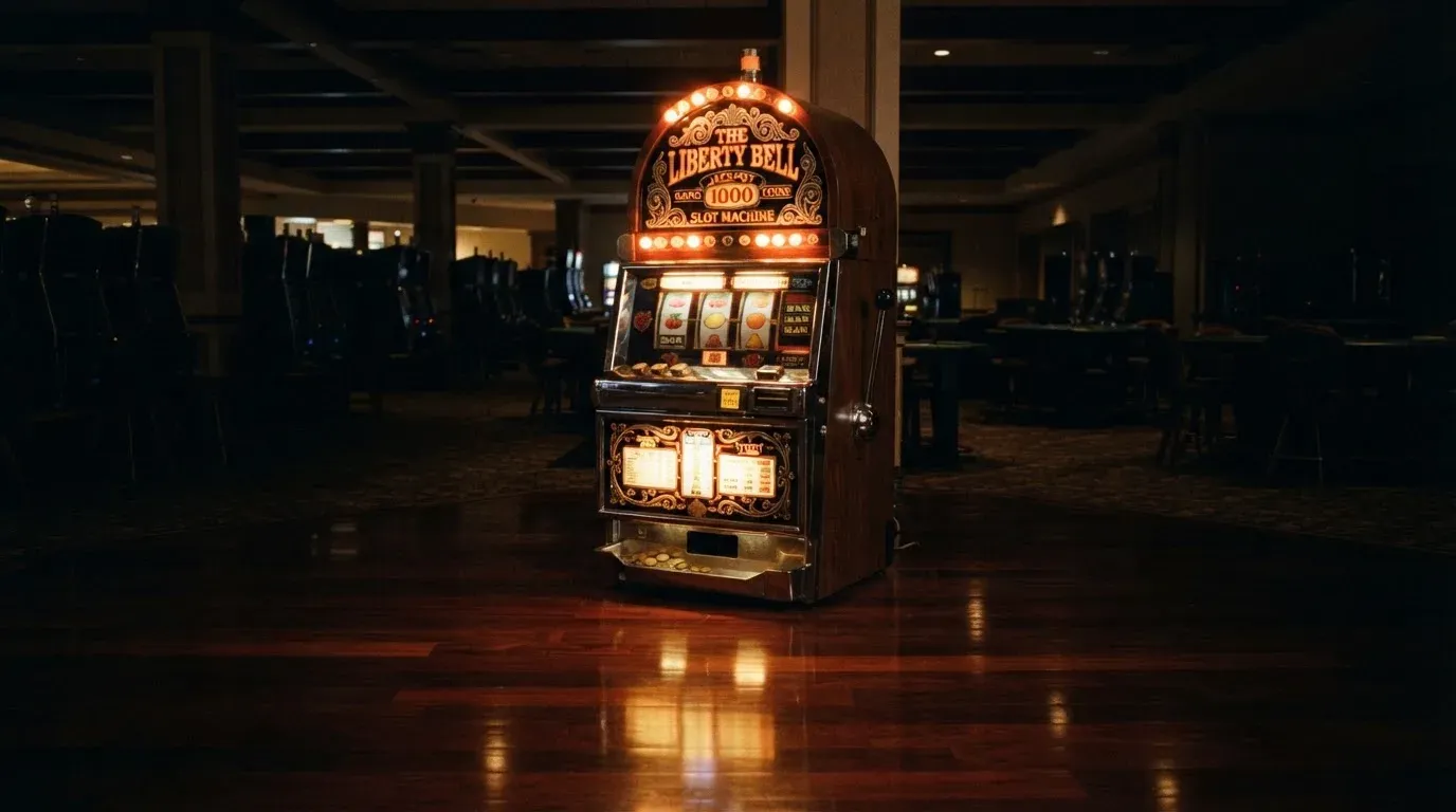 En gammal spelautomat lyser i den dunkla hallen och speglar sig i golvet — 150 kr casino i sverige