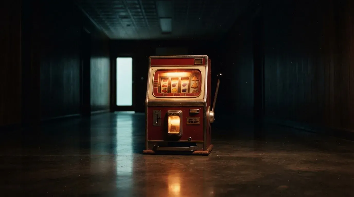 En gammal spelautomat lyser i den dunkla hallen och speglar sig i golvet — 20 euro casino i sverige