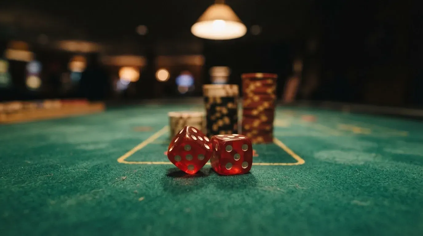 Röda tärningar vilar på grönt filt, bakom dem suddiga torn av spelmarker i kvällsdunklet — 20 free spins casino i sverige