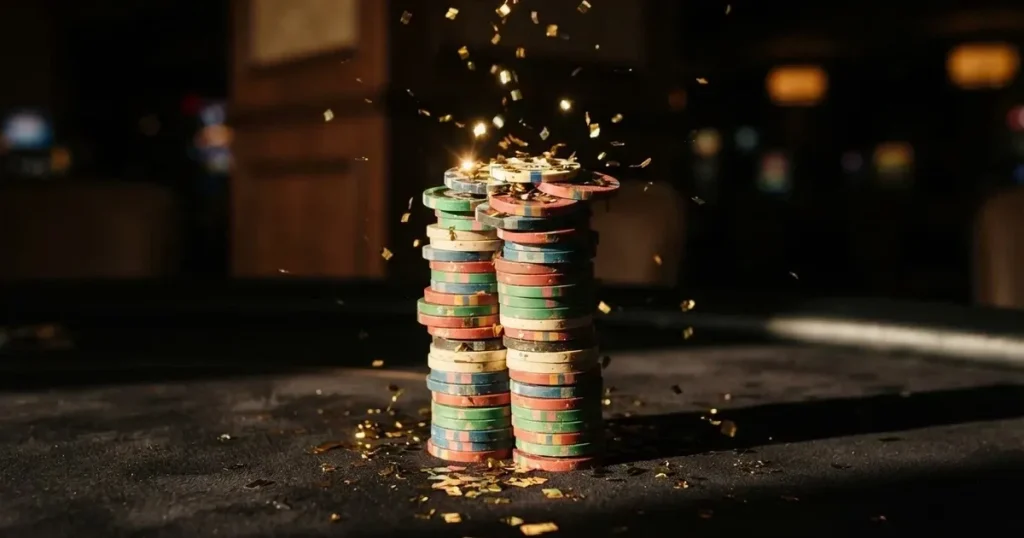 Guldkonfetti faller över spelmarker på ett svart bord, en ljuskägla träffar högens topp — 200 free spins casino i sverige