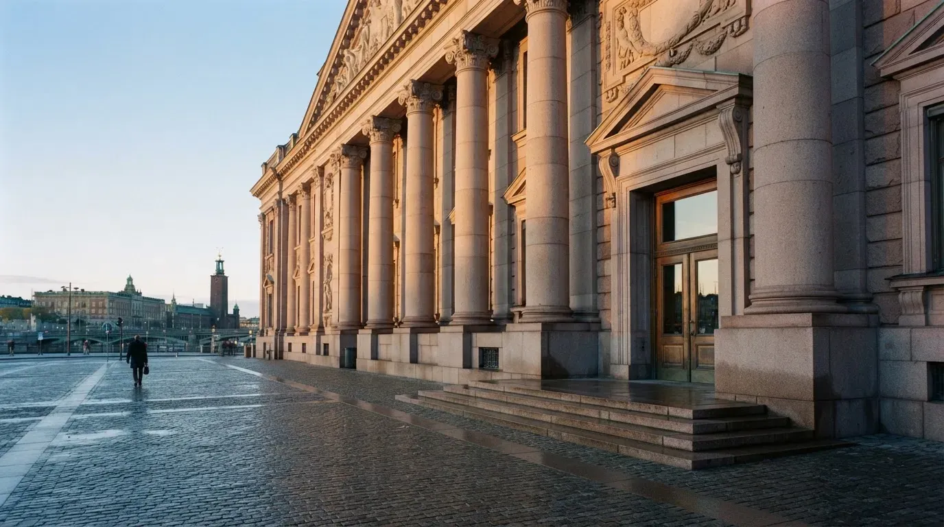 Stenfasad på en statlig byggnad i Stockholm vid gryning, höga pelare och ett tomt torg framför — 200 kr casino i sverige