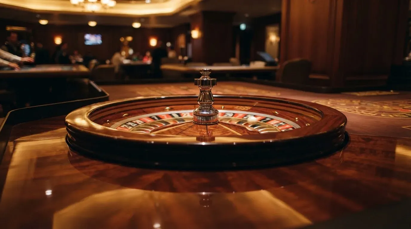 Ett roulettehjul snurrar på ett blankt träbord, den vita kulan glimmar i takljusets guld — 30 free spins casino i sverige
