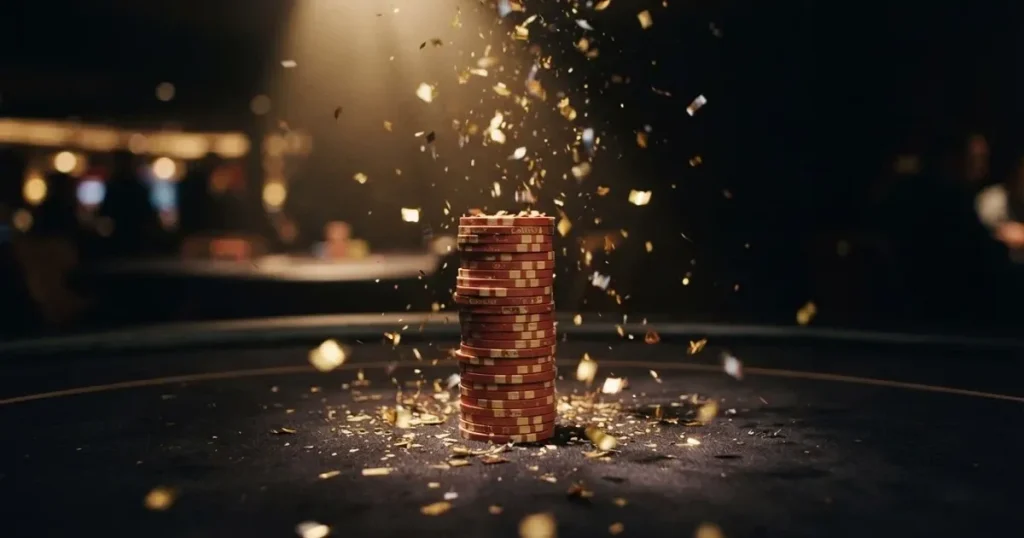 Guldkonfetti faller över spelmarker på ett svart bord, en ljuskägla träffar högens topp — 30 free spins casino i sverige