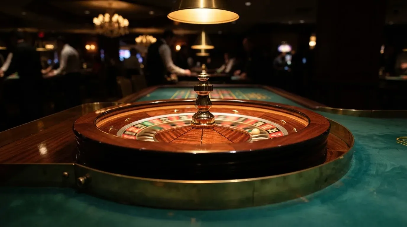 Ett roulettehjul snurrar på ett blankt träbord, den vita kulan glimmar i takljusets guld — 40 free spins casino i sverige