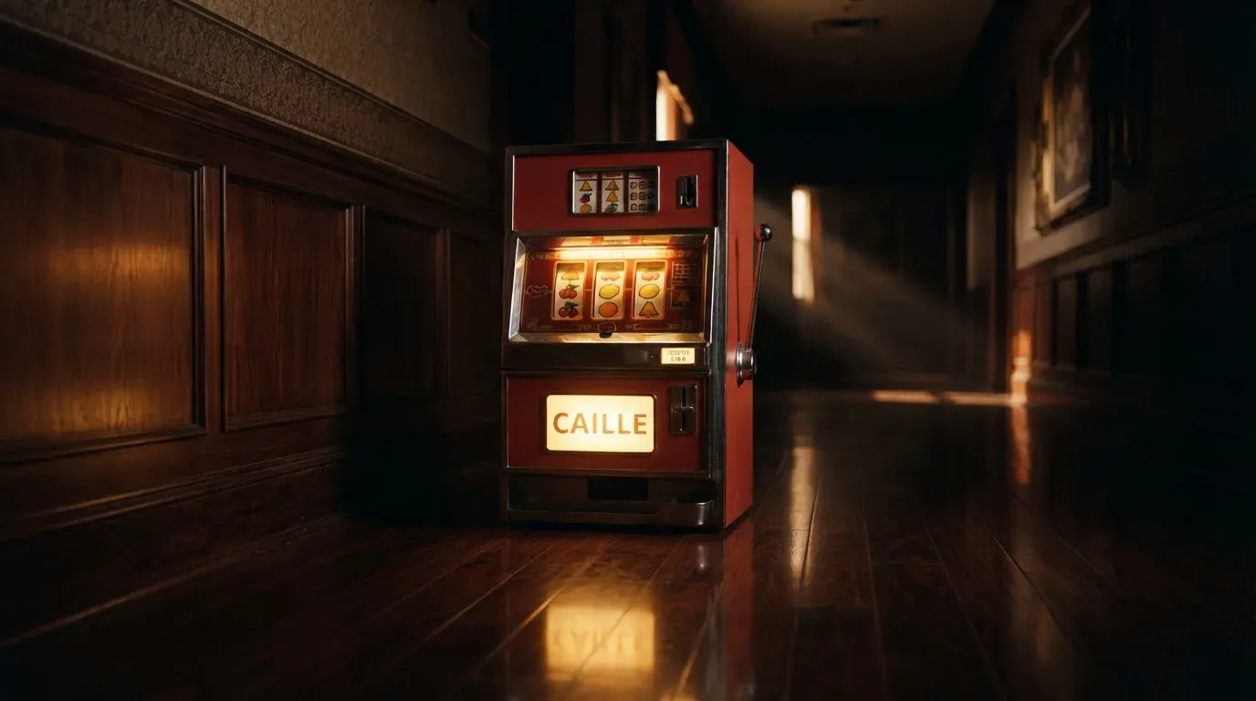 En gammal spelautomat lyser i den dunkla hallen och speglar sig i golvet — 5 euro casino i sverige