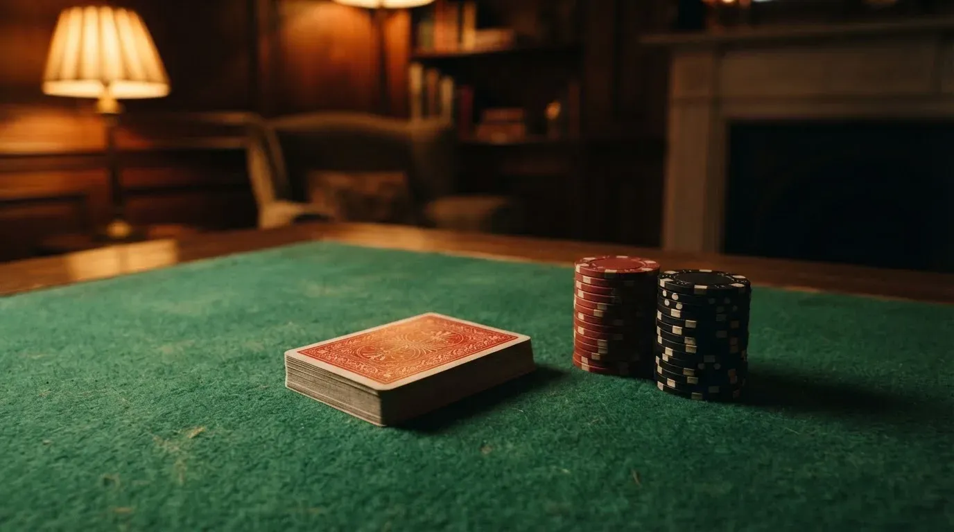 Kortlek och staplar av spelmarker på ett grönt filtbord i en dunkel salong, varmt lampsken — 50 euro casino i sverige