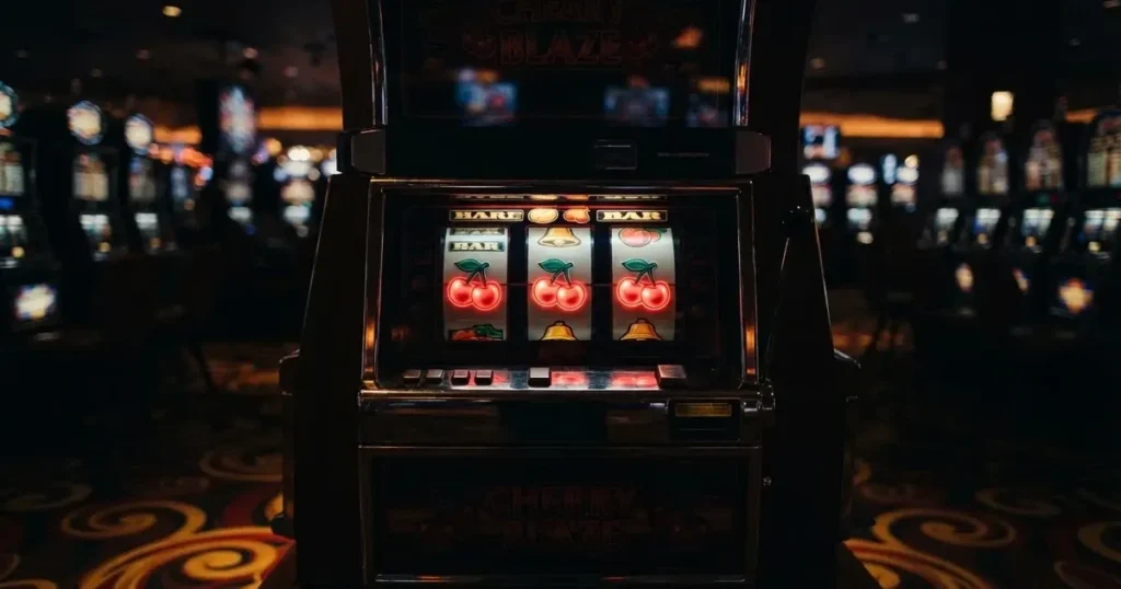 Rullarna på en spelautomat stannar i rad, klarröda körsbär lyser i den mörka spelhallen — 50 free spins casino i sverige