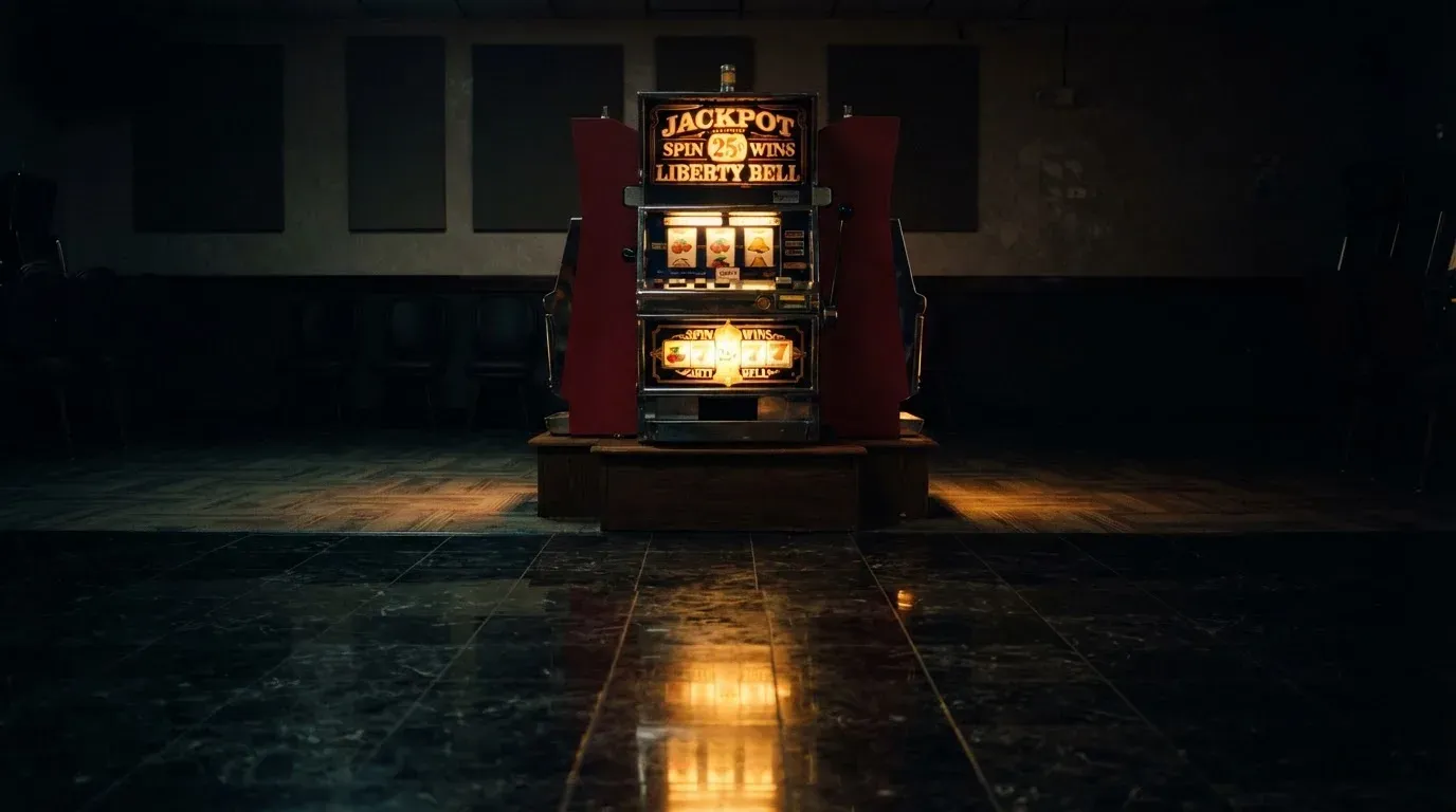 En gammal spelautomat lyser i den dunkla hallen och speglar sig i golvet — bästa kasino i sverige