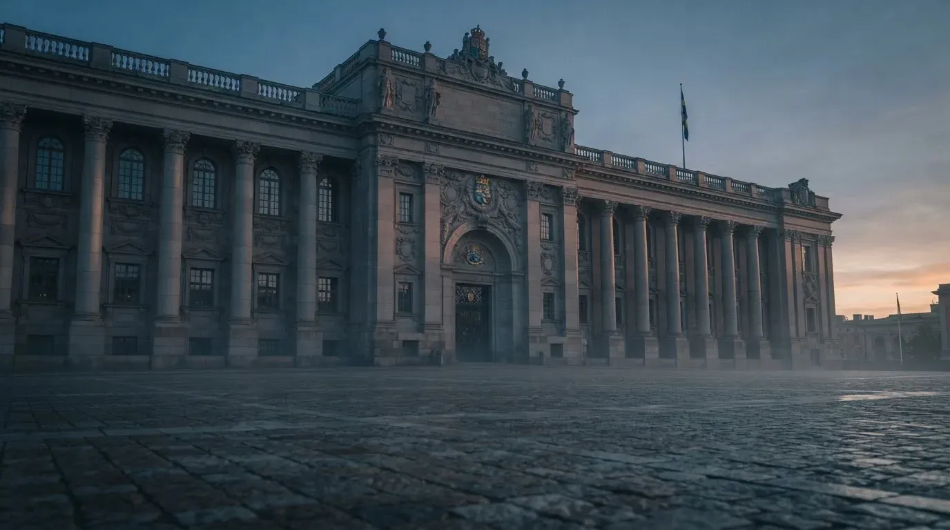 Stenfasad på en statlig byggnad i Stockholm vid gryning, höga pelare och ett tomt torg framför — bästa kasino i sverige