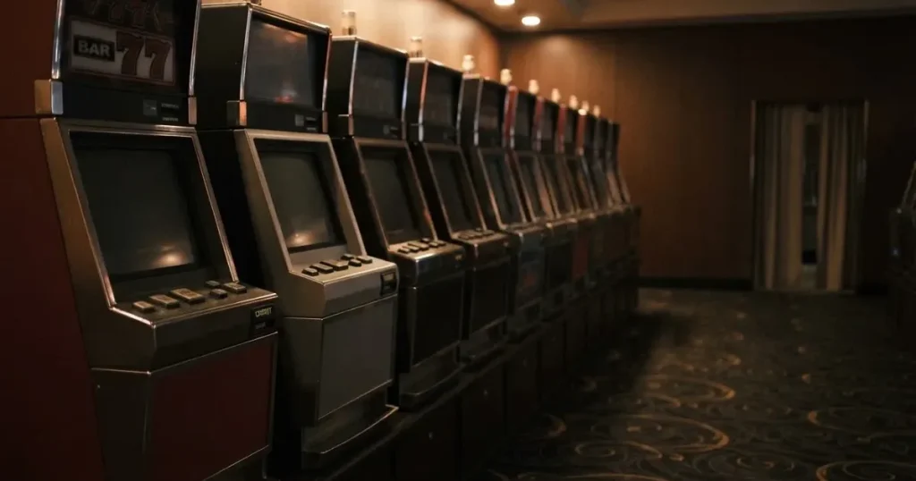 Rader av tomma spelautomater med släckta skärmar står uppställda i ett dimmat rum, fotograferat snett från sidan.