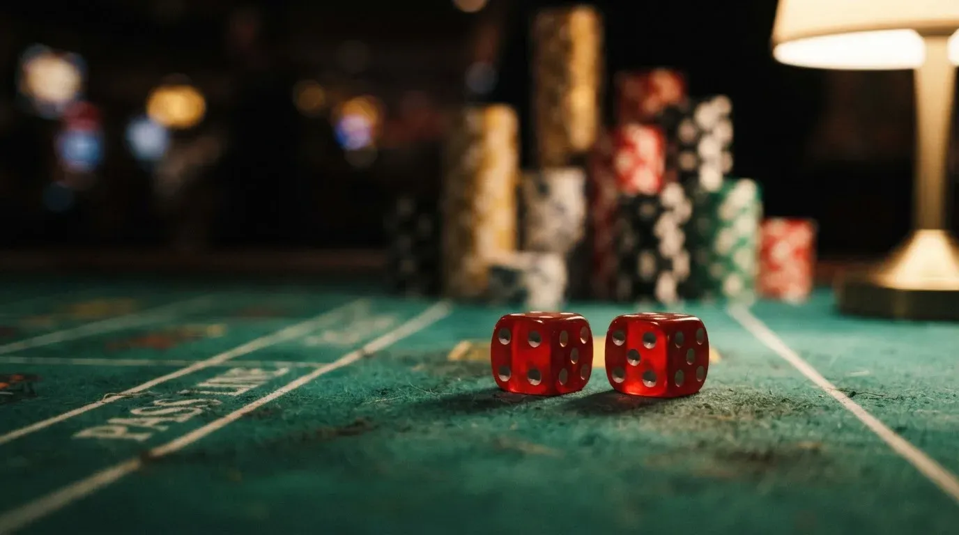 Röda tärningar vilar på grönt filt, bakom dem suddiga torn av spelmarker i kvällsdunklet — betala på casino i sverige