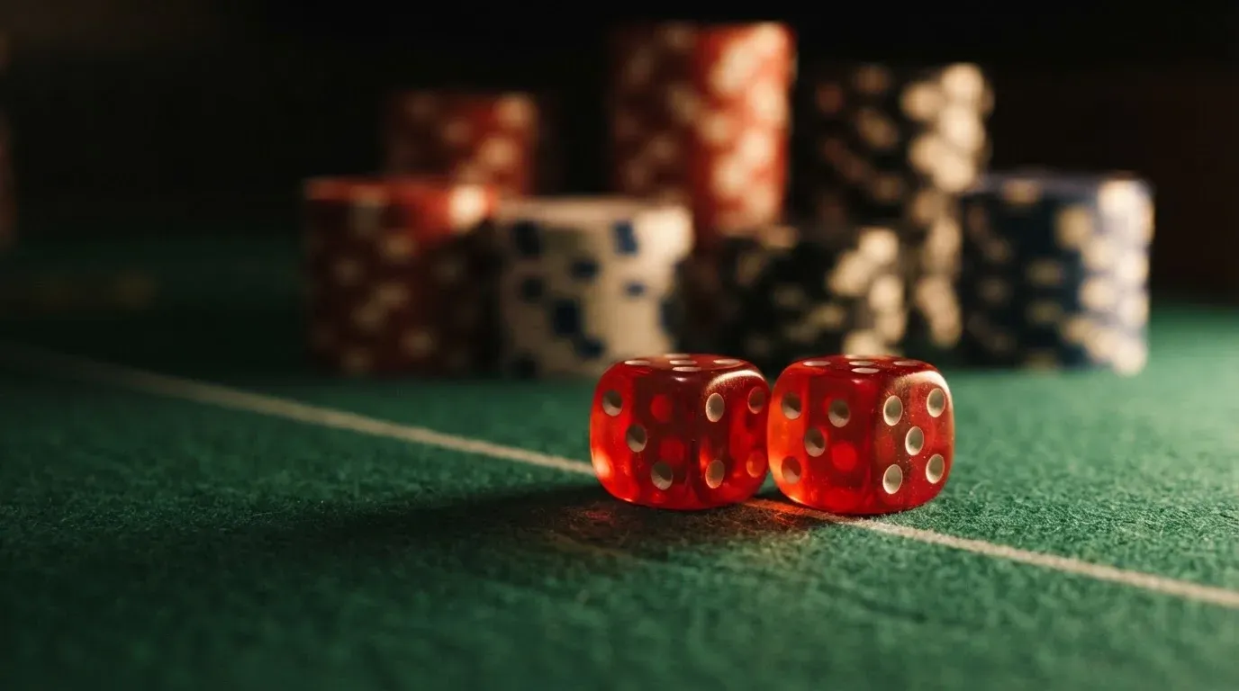 Röda tärningar vilar på grönt filt, bakom dem suddiga torn av spelmarker i kvällsdunklet — blackjack gratis i sverige