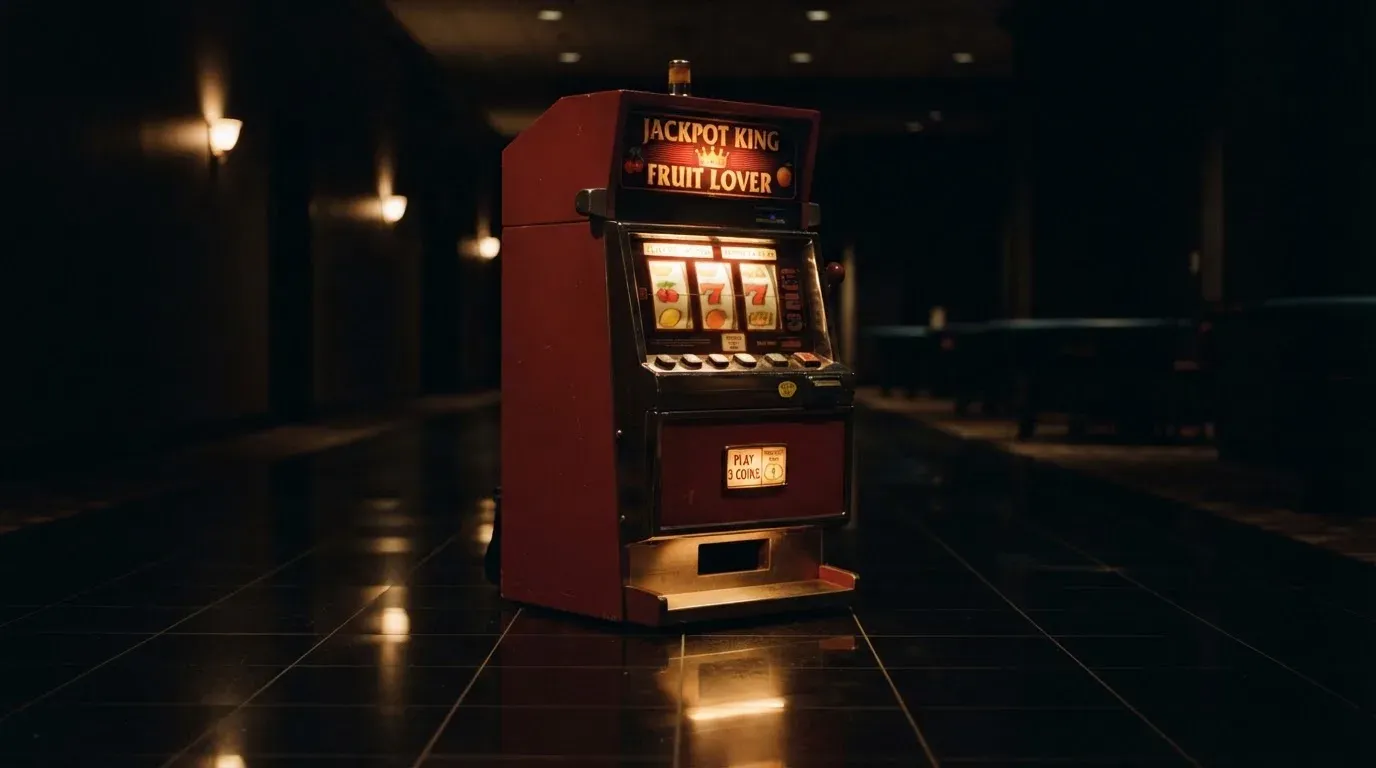 En gammal spelautomat lyser i den dunkla hallen och speglar sig i golvet — blackjack på nätet i sverige