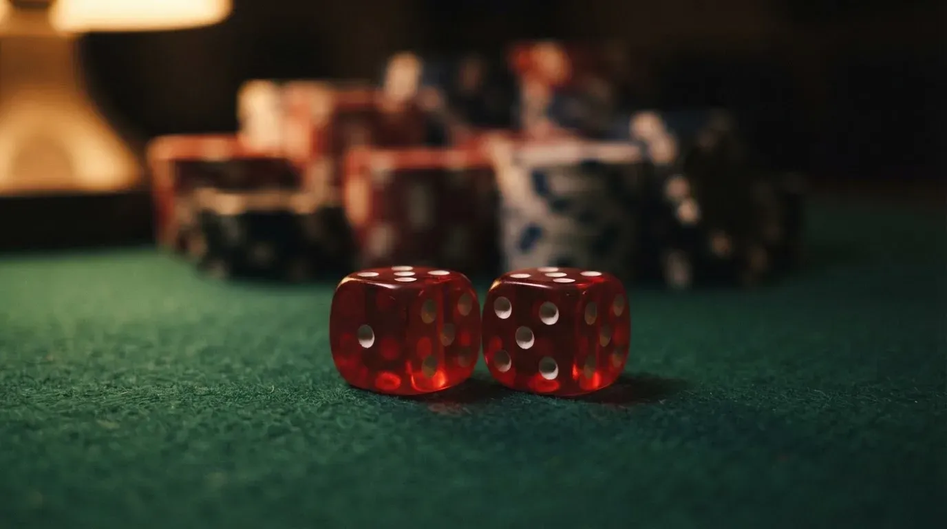 Röda tärningar vilar på grönt filt, bakom dem suddiga torn av spelmarker i kvällsdunklet — bra svenska casinon