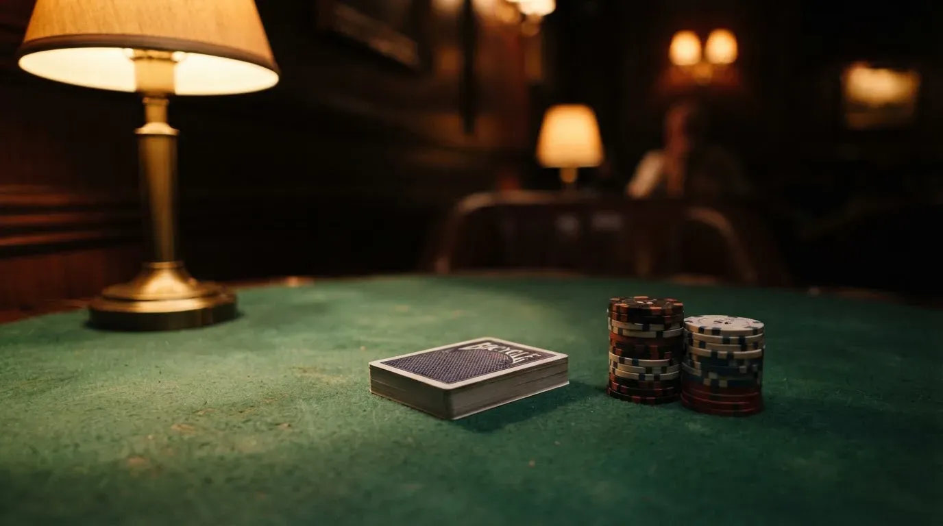 Kortlek och staplar av spelmarker på ett grönt filtbord i en dunkel salong, varmt lampsken — cashback på casino i sverige