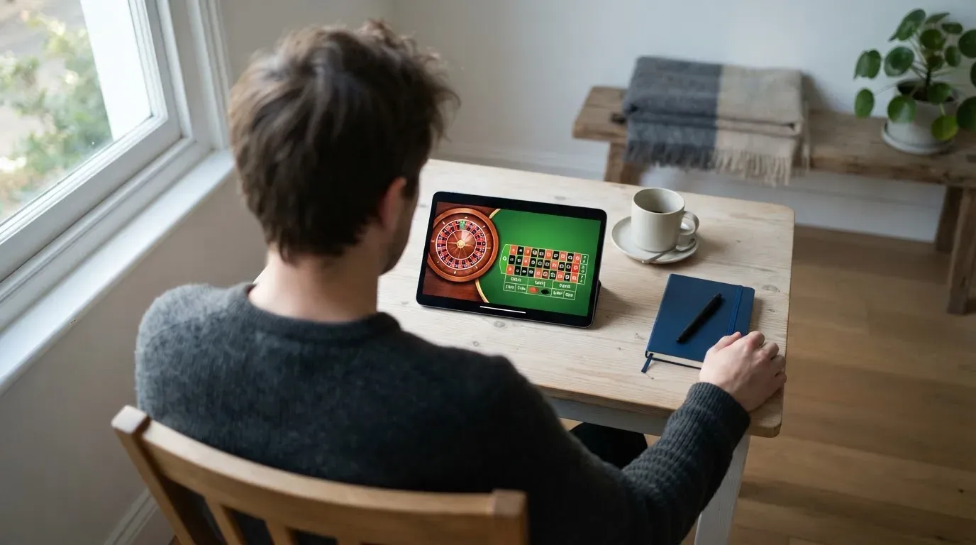En person sitter vid ett skrivbord hemma med en surfplatta nedvänd bredvid en kopp kaffe i morgonljus.