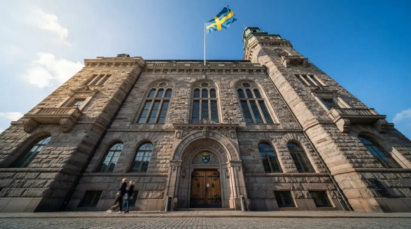 Ett gammalt stadshus i sten fotograferat underifrån mot en klarblå himmel, med den svenska flaggan som fladdrar ovanför entrén.