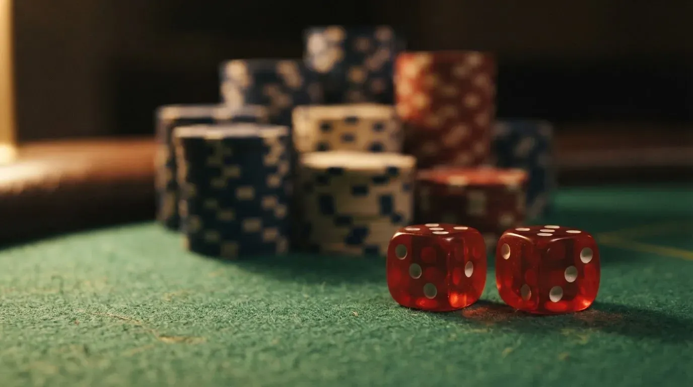 Röda tärningar vilar på grönt filt, bakom dem suddiga torn av spelmarker i kvällsdunklet — casino erbjudanden i sverige