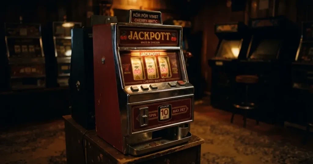 Rullarna på en spelautomat stannar i rad, klarröda körsbär lyser i den mörka spelhallen — casino erbjudanden i sverige