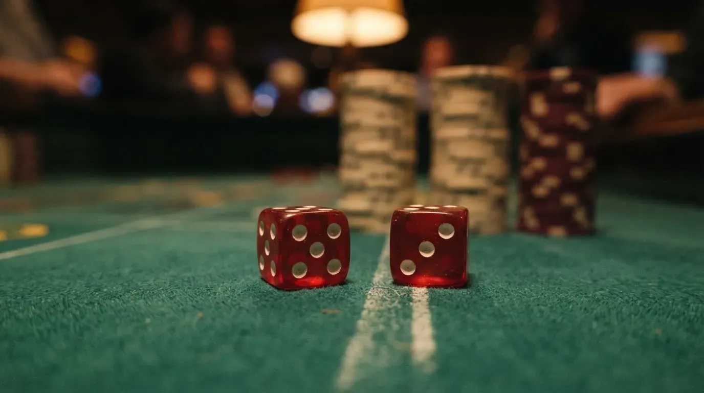 Röda tärningar vilar på grönt filt, bakom dem suddiga torn av spelmarker i kvällsdunklet — casino guider för svenskar