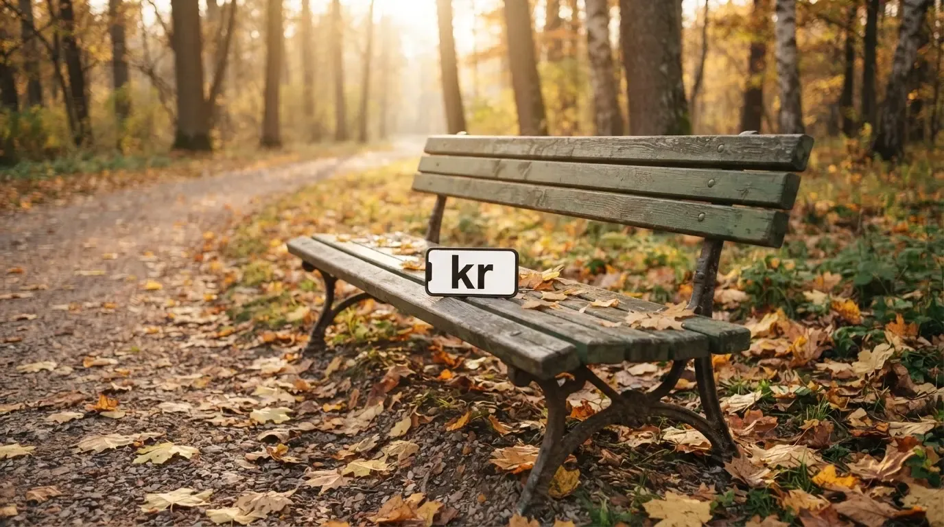 En tom parkbänk en höstmorgon, gula lönnlöv på stigen och låg sol mellan träden — casino regler för svenskar