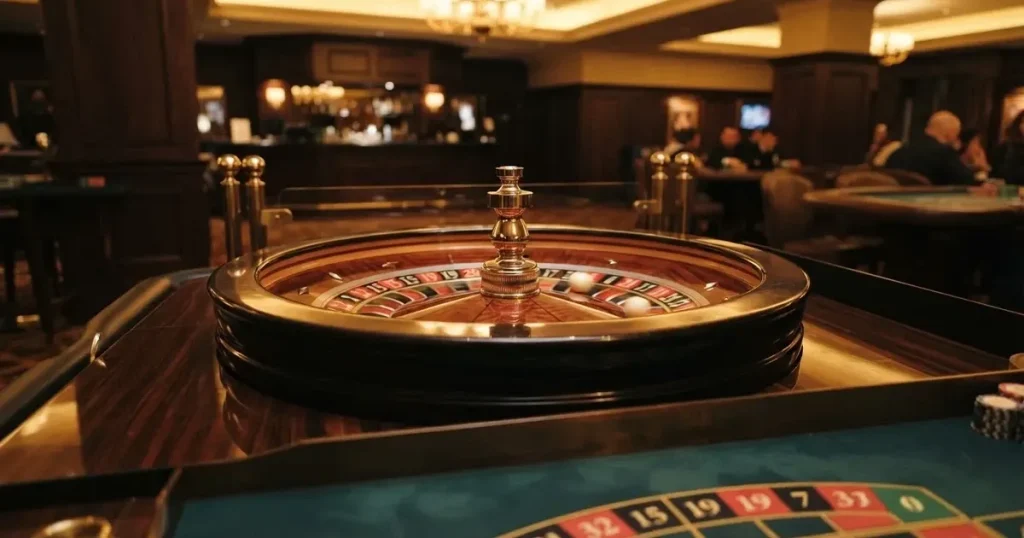 Ett roulettehjul snurrar på ett blankt träbord, den vita kulan glimmar i takljusets guld — casinon för riktiga pengar