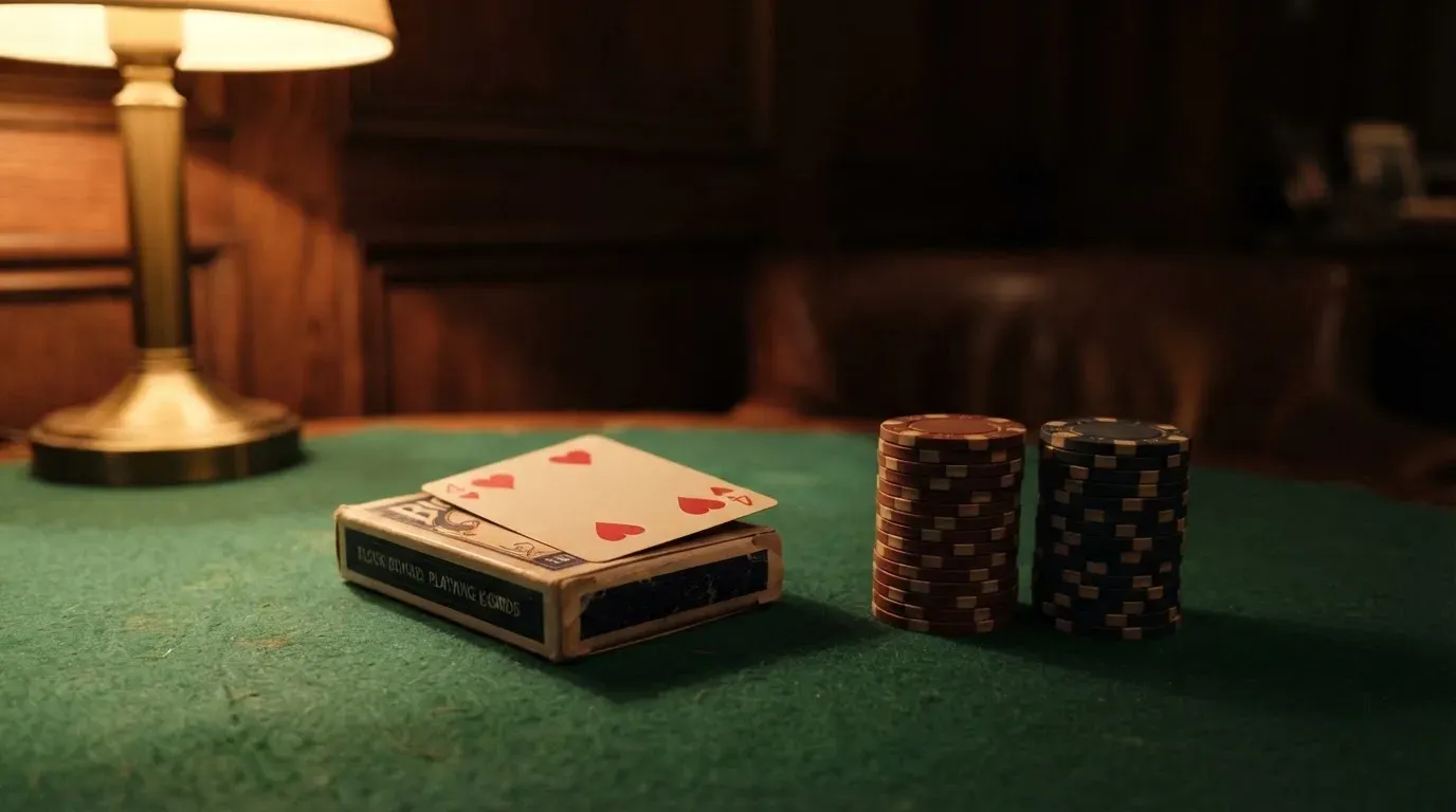 Kortlek och staplar av spelmarker på ett grönt filtbord i en dunkel salong, varmt lampsken — casinon med baccarat i sverige