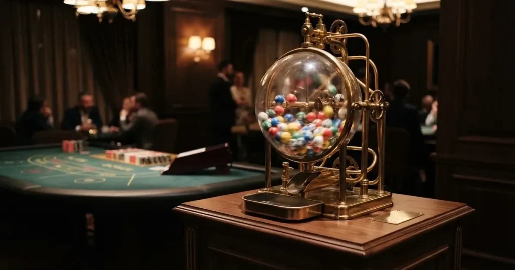 Färgglada bollar snurrar i en glaskupol i en lottomaskin, mjukt ljus speglas på kupolen — casinon med baccarat i sverige