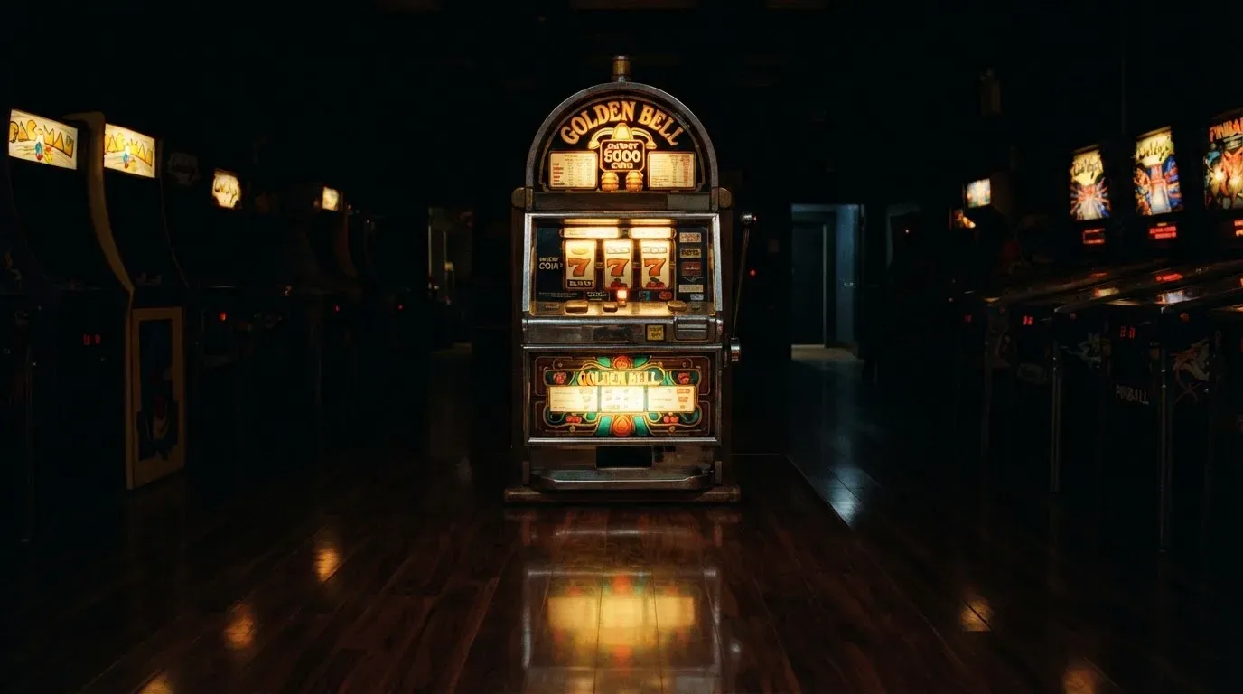 En gammal spelautomat lyser i den dunkla hallen och speglar sig i golvet — casinon med bankid i sverige
