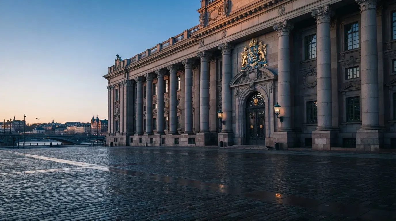 Stenfasad på en statlig byggnad i Stockholm vid gryning, höga pelare och ett tomt torg framför — casinon med bankid i sverige