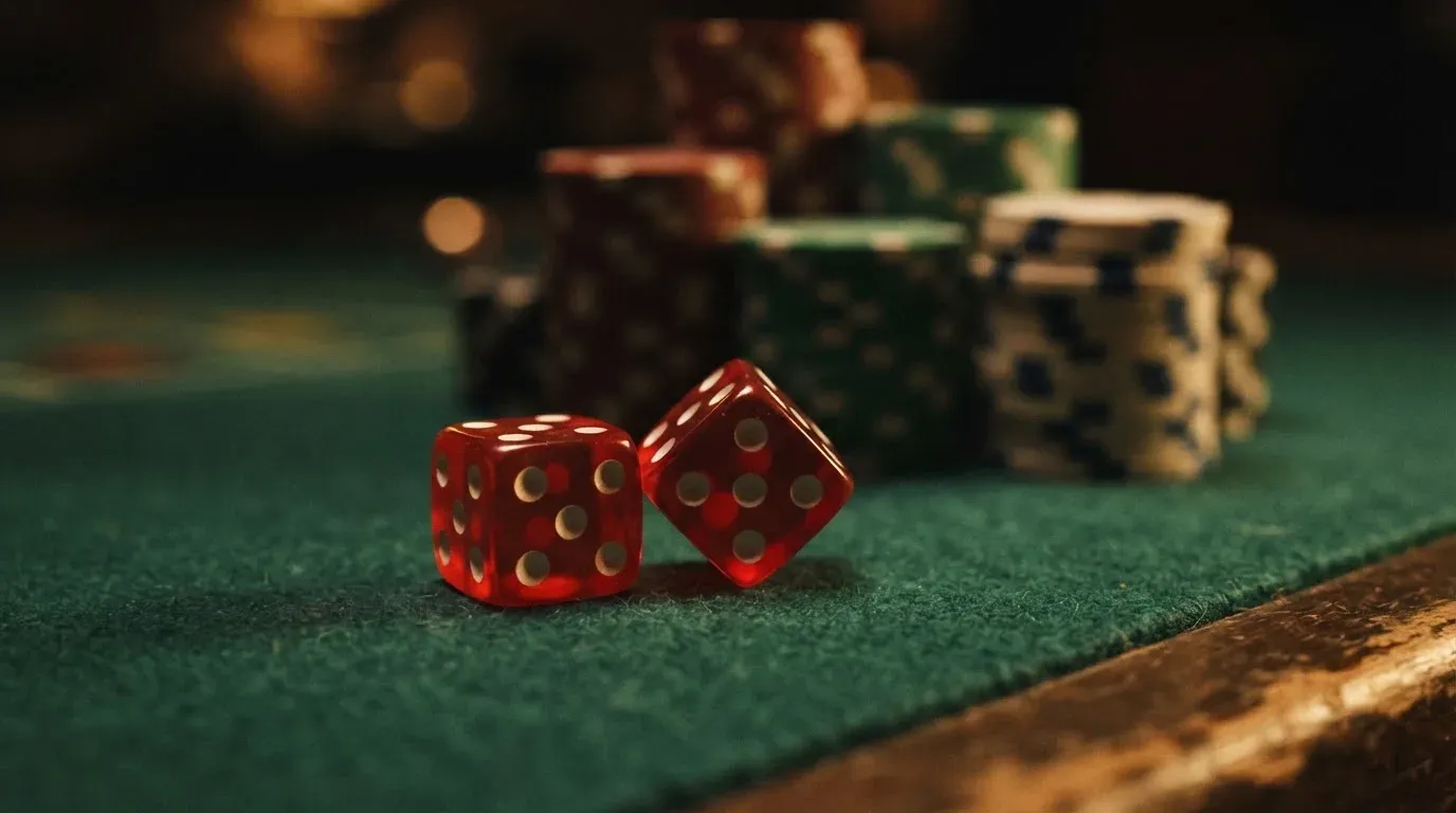 Röda tärningar vilar på grönt filt, bakom dem suddiga torn av spelmarker i kvällsdunklet — casinon med bingo i sverige