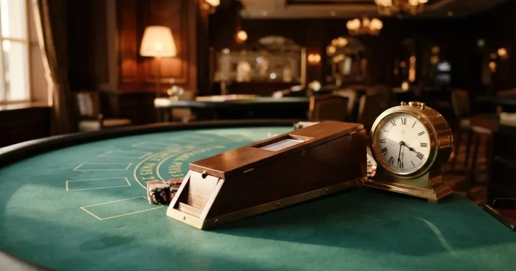 Grönt filt och en lång kortlåda av trä vid bordskanten, bredvid en blank mässingsklocka — casinon med blackjack i sverige