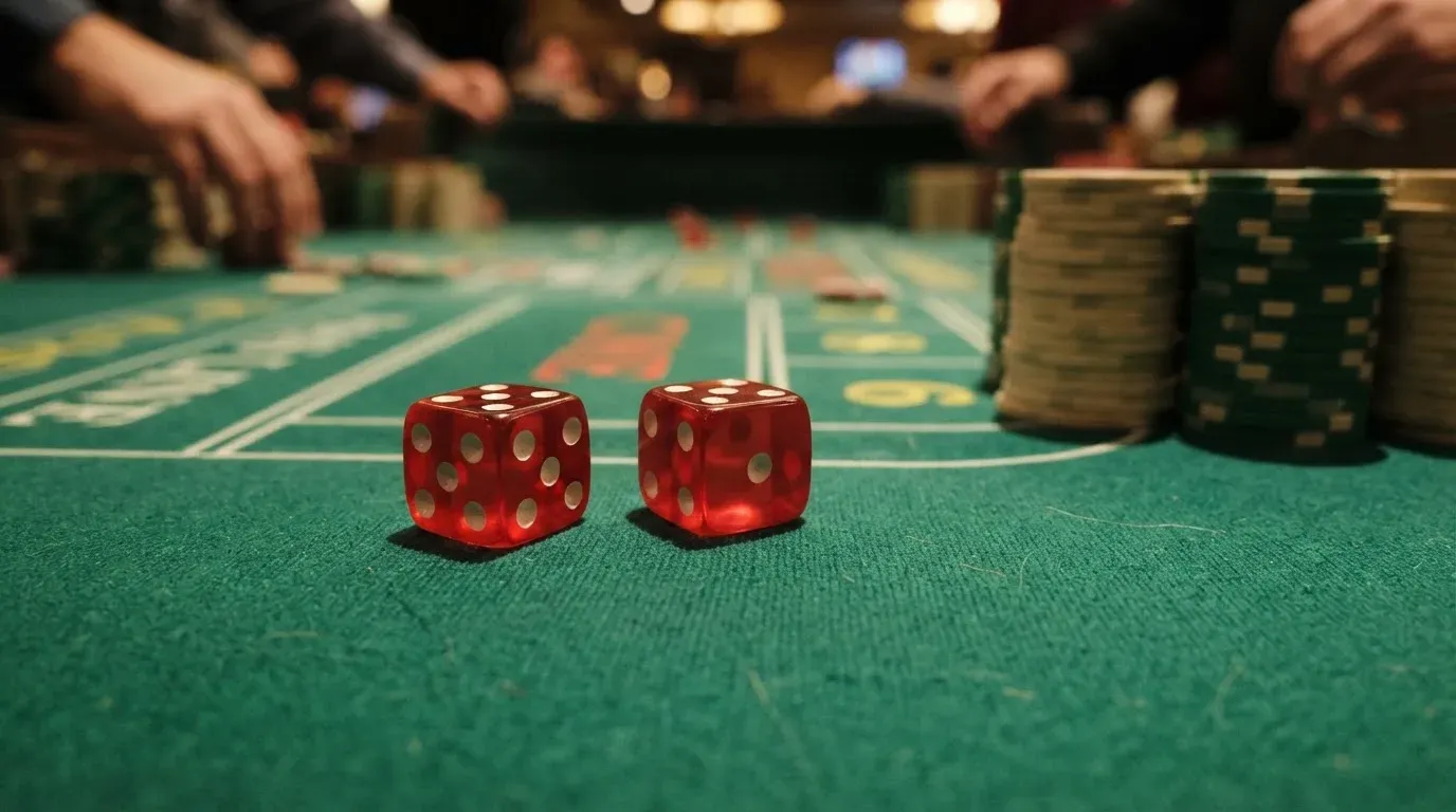 Röda tärningar vilar på grönt filt, bakom dem suddiga torn av spelmarker i kvällsdunklet — casinon med craps i sverige