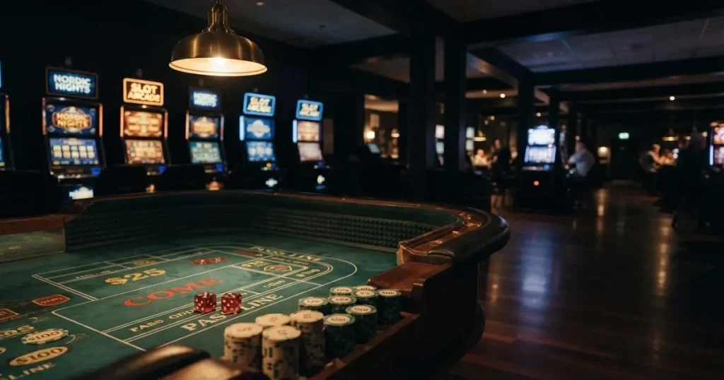 En rad spelskåp i en dunkel hall, rullarna lyser i olika färger och golvet speglar dem — casinon med craps i sverige