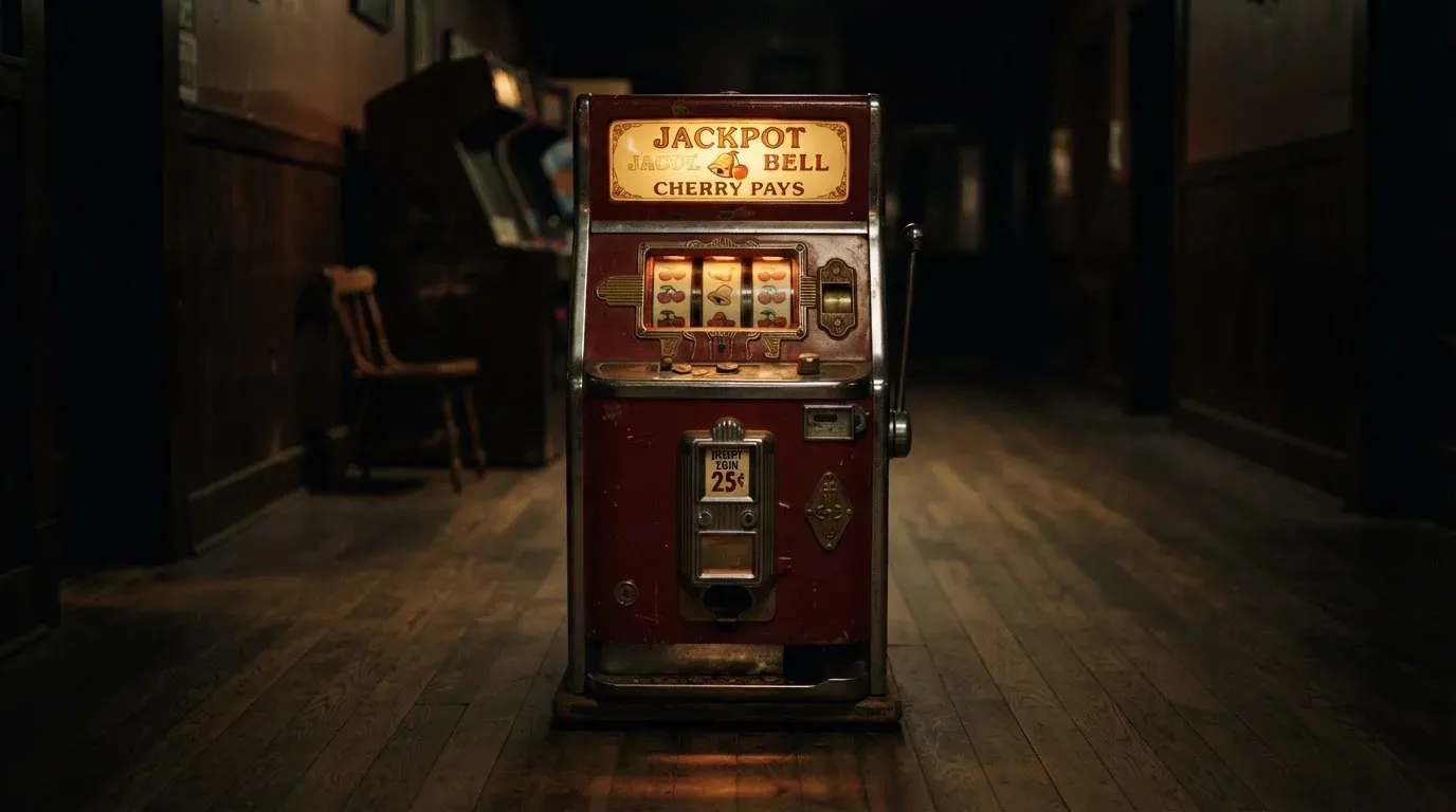 En gammal spelautomat lyser i den dunkla hallen och speglar sig i golvet — casinon med curaçao licens