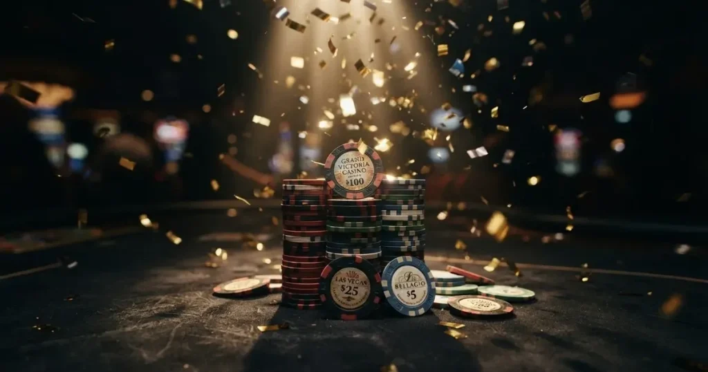 Guldkonfetti faller över spelmarker på ett svart bord, en ljuskägla träffar högens topp — casinon med gratis spins i sverige