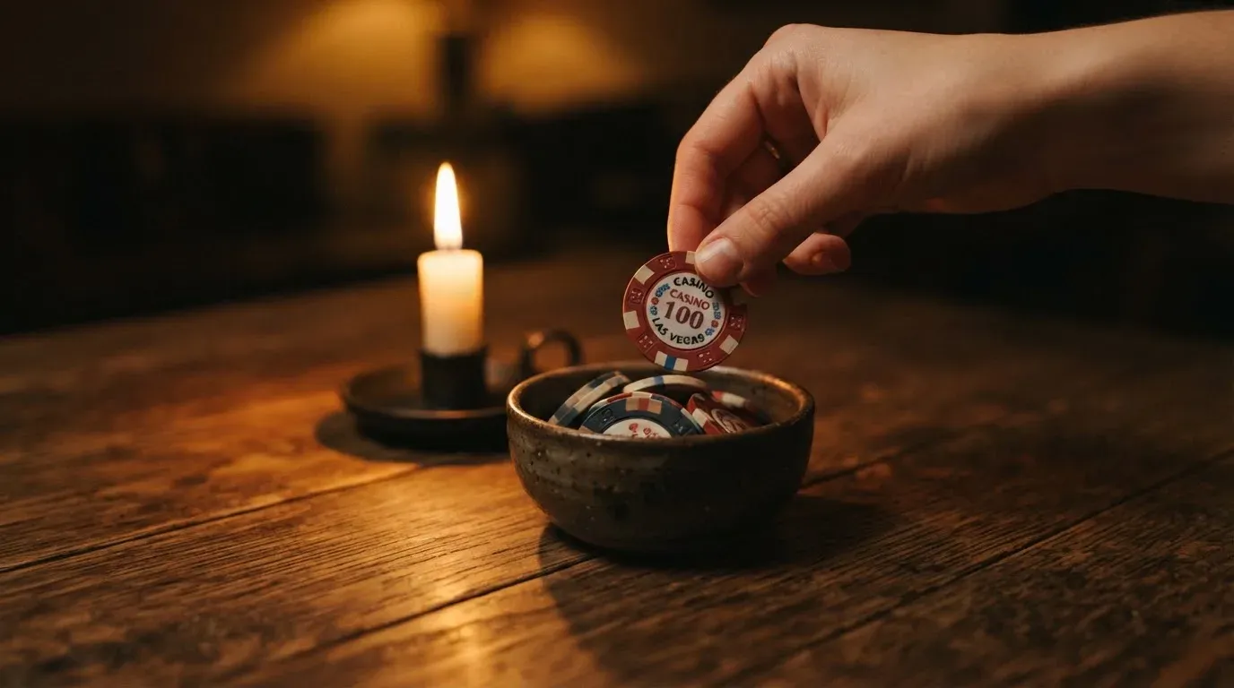 En hand lyfter en spelmark ur en skål, ljuslågan färgar bordet gyllenbrunt — casinon med gratissnurr