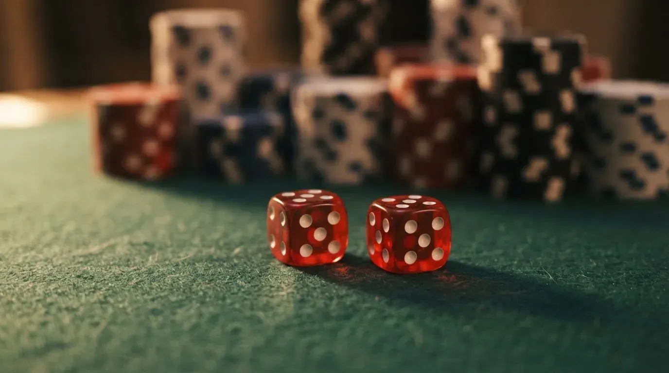 Röda tärningar vilar på grönt filt, bakom dem suddiga torn av spelmarker i kvällsdunklet — casinon med jackpot i sverige