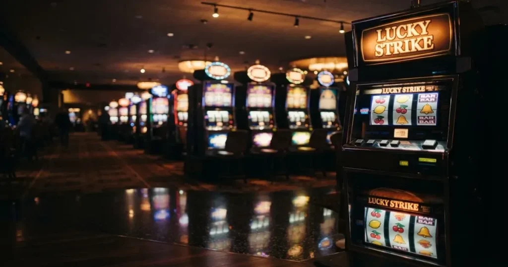 En rad spelskåp i en dunkel hall, rullarna lyser i olika färger och golvet speglar dem — casinon med jackpot i sverige