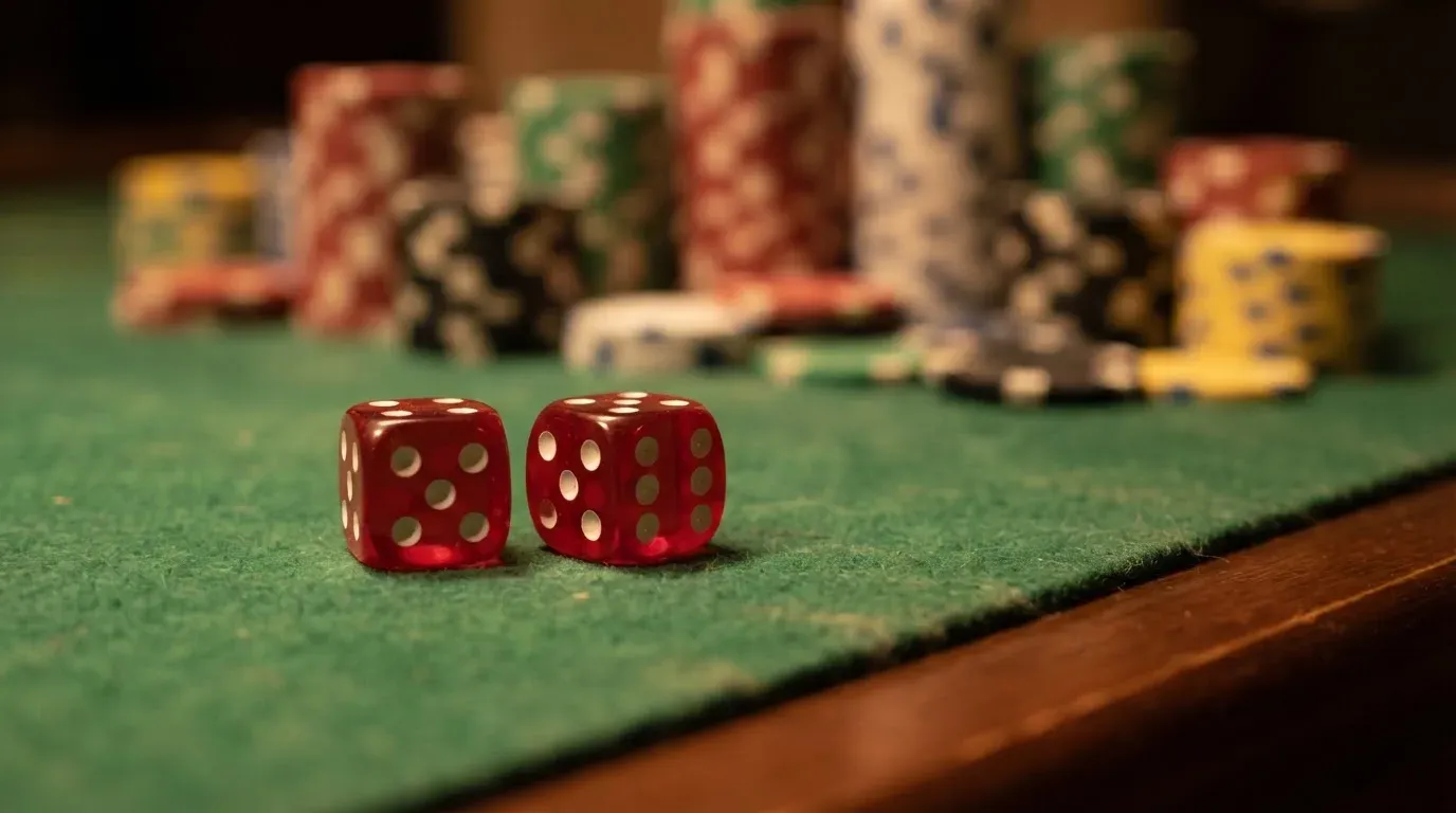 Röda tärningar vilar på grönt filt, bakom dem suddiga torn av spelmarker i kvällsdunklet — casinon med låg insättning