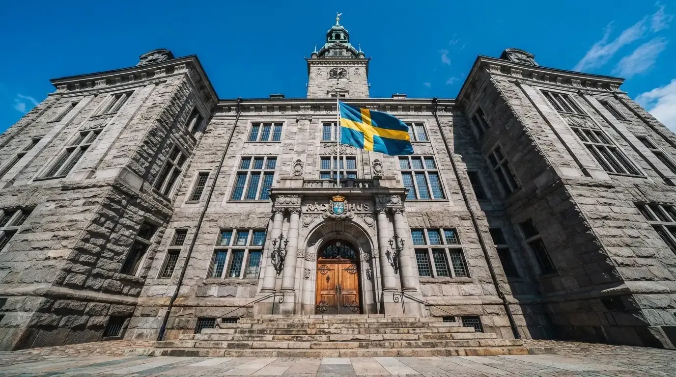 Ett gammalt stadshus i sten fotograferat underifrån mot en klarblå himmel, med den svenska flaggan som fladdrar ovanför entrén.